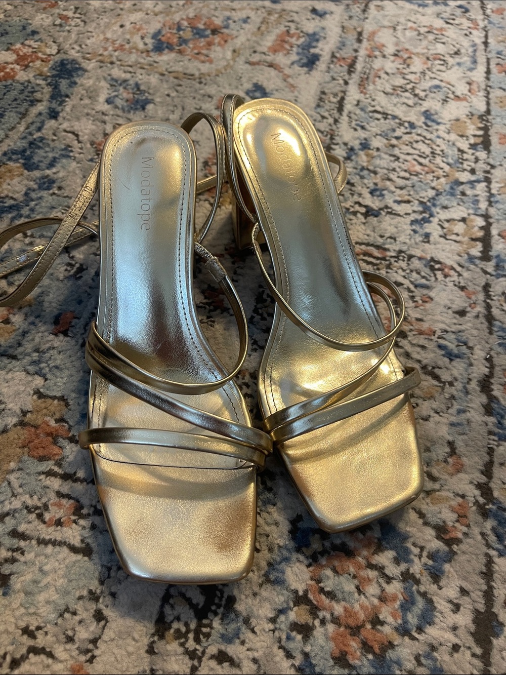 Metallic Gold Strappy Square-Toe Heels